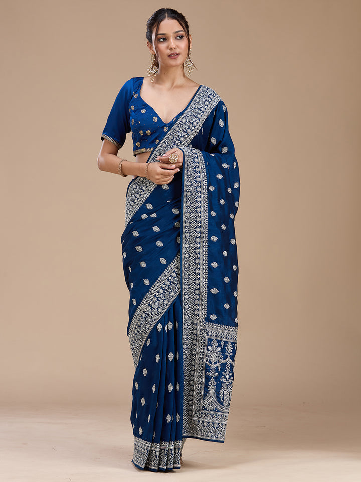 Peacock Blue Soft Raw Silk Silver Zariwork Saree With Matching Blouse Piece