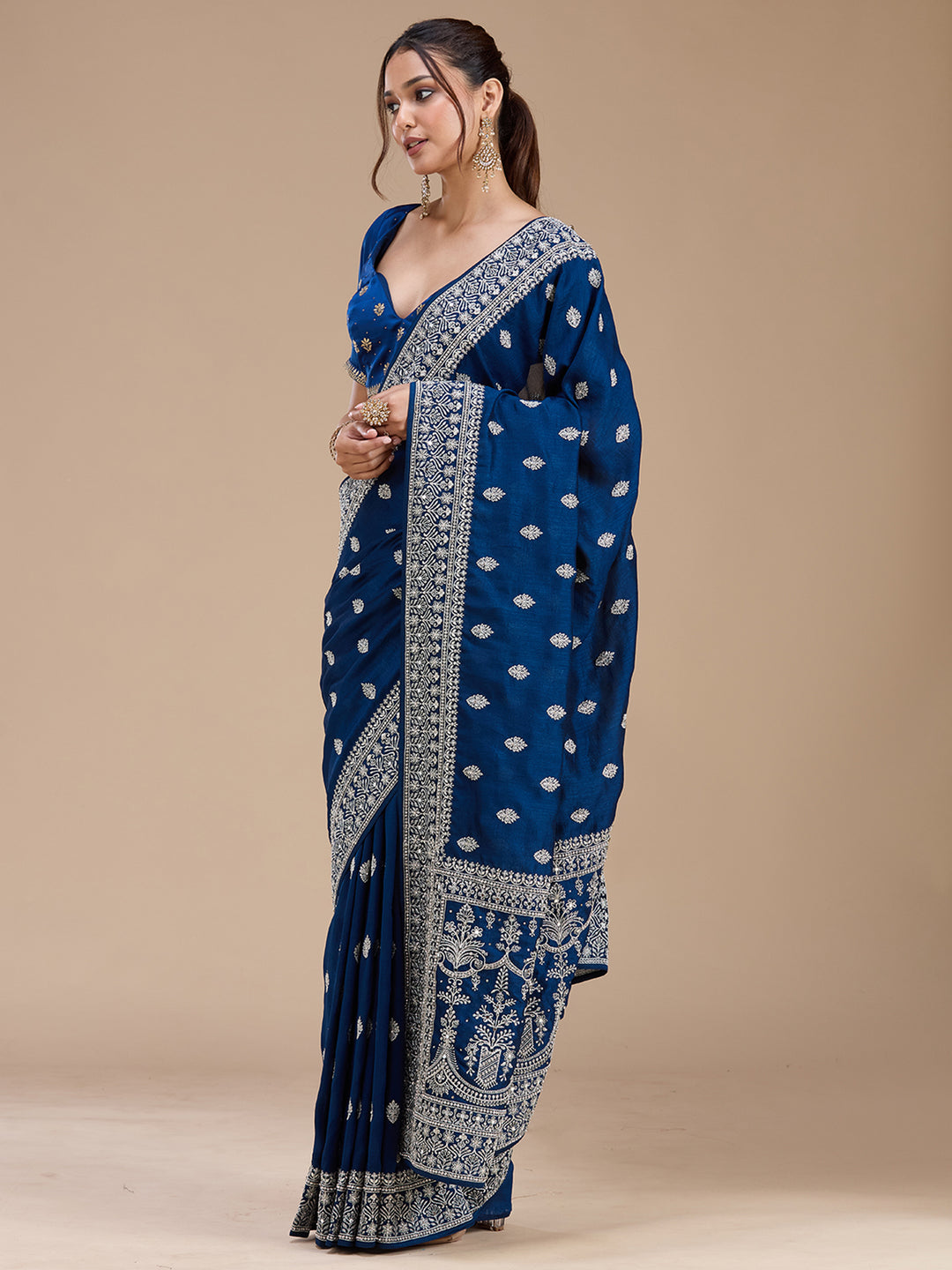 Peacock Blue Soft Raw Silk Silver Zariwork Saree With Matching Blouse Piece