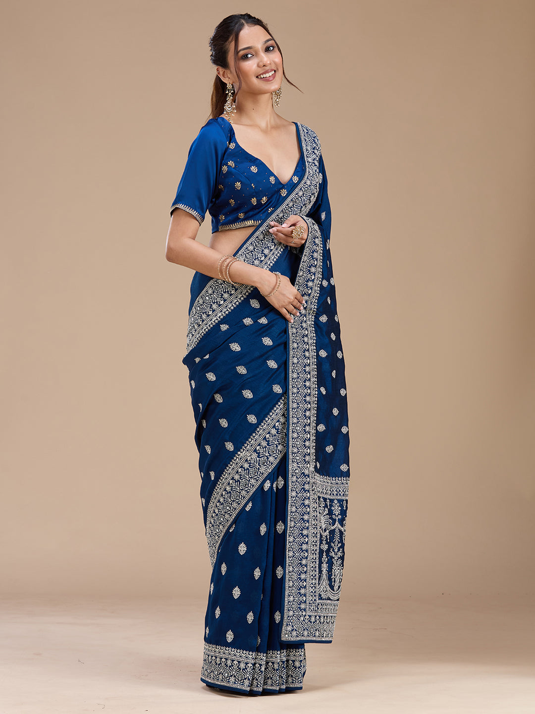 Peacock Blue Soft Raw Silk Silver Zariwork Saree With Matching Blouse Piece