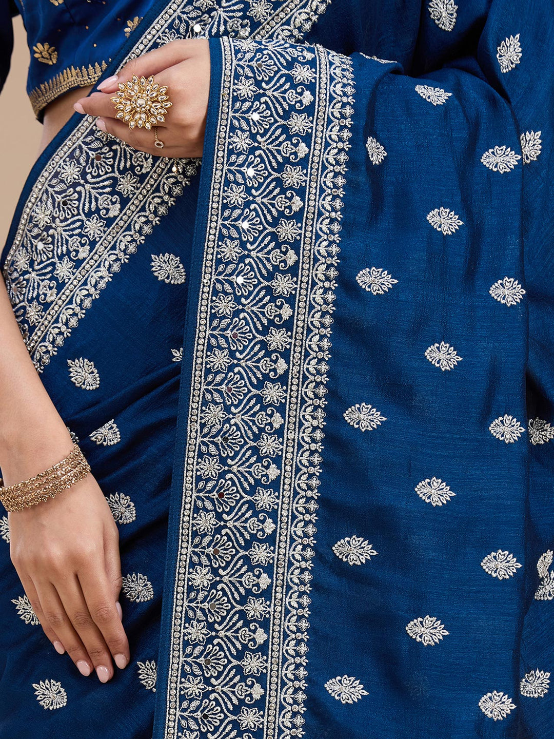 Peacock Blue Soft Raw Silk Silver Zariwork Saree With Matching Blouse Piece