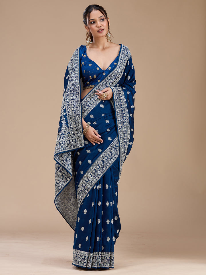Peacock Blue Soft Raw Silk Silver Zariwork Saree With Matching Blouse Piece