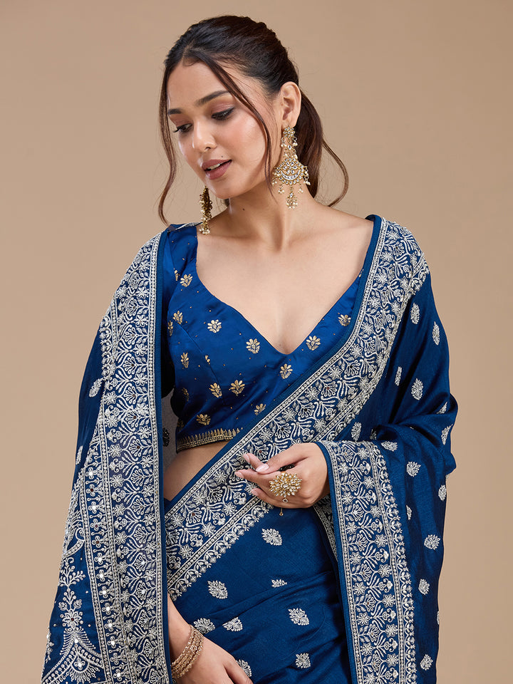 Peacock Blue Soft Raw Silk Silver Zariwork Saree With Matching Blouse Piece