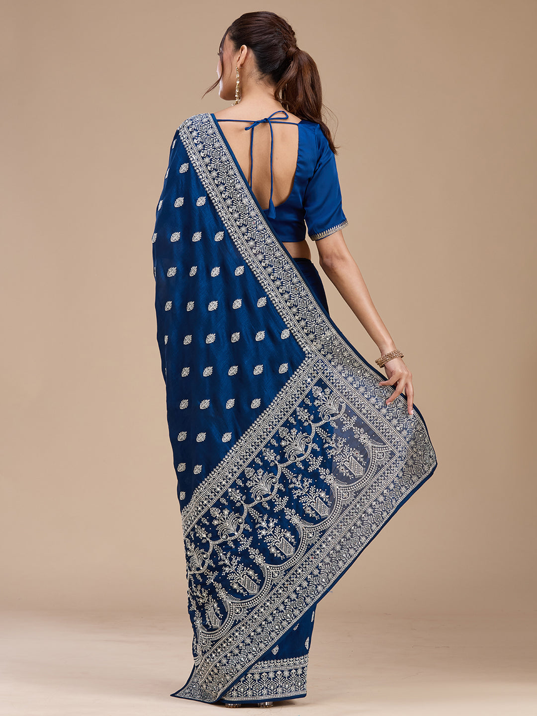 Peacock Blue Soft Raw Silk Silver Zariwork Saree With Matching Blouse Piece