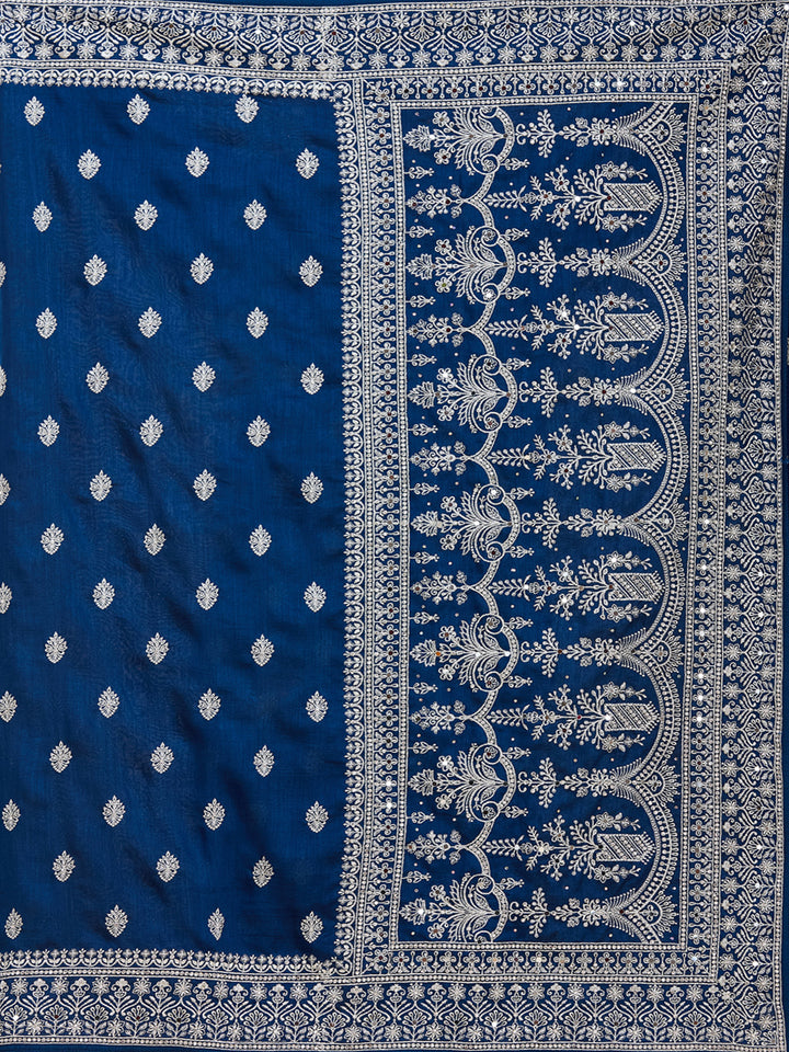 Peacock Blue Soft Raw Silk Silver Zariwork Saree With Matching Blouse Piece