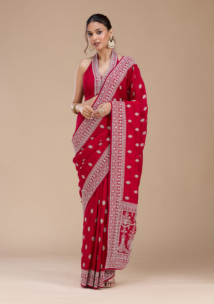 Rani Pink Soft Raw Silk Silver Zariwork Saree With Matching Blouse Piece