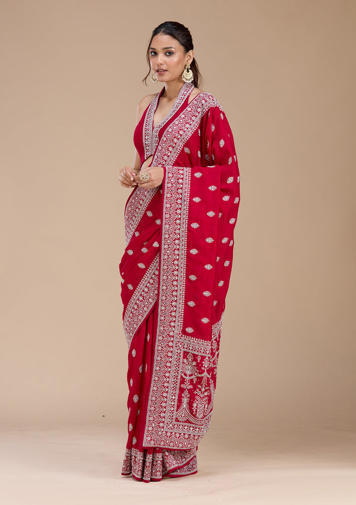 Rani Pink Soft Raw Silk Silver Zariwork Saree With Matching Blouse Piece