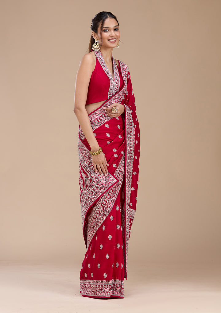 Rani Pink Soft Raw Silk Silver Zariwork Saree With Matching Blouse Piece
