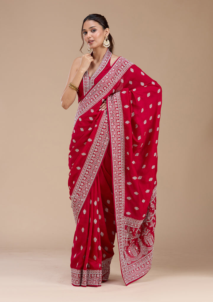 Rani Pink Soft Raw Silk Silver Zariwork Saree With Matching Blouse Piece