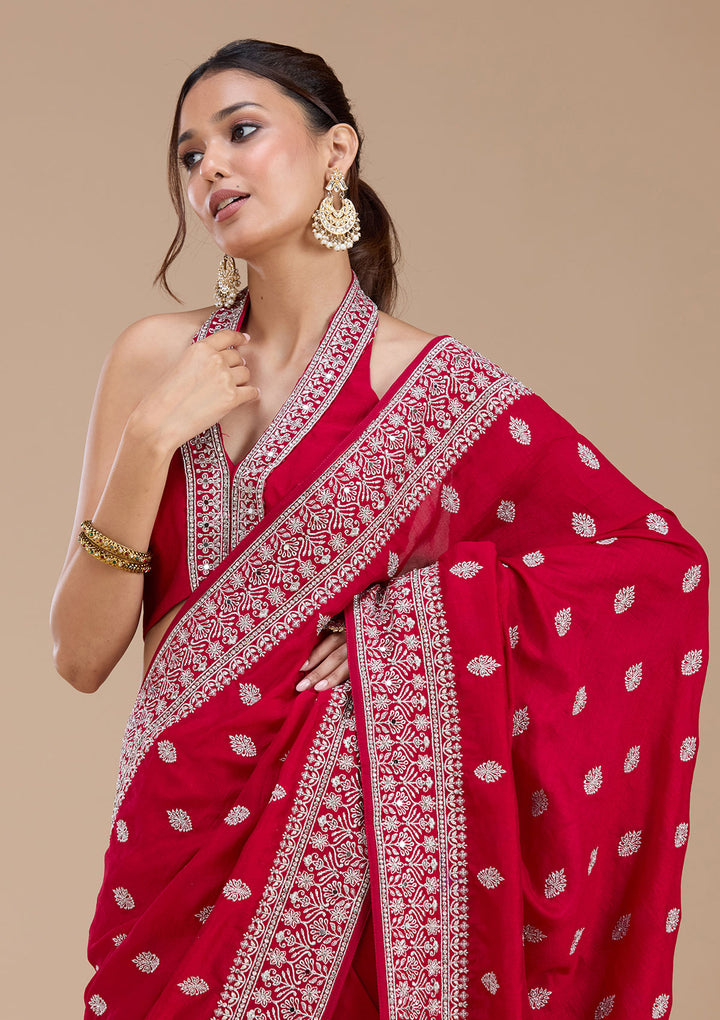 Rani Pink Soft Raw Silk Silver Zariwork Saree With Matching Blouse Piece