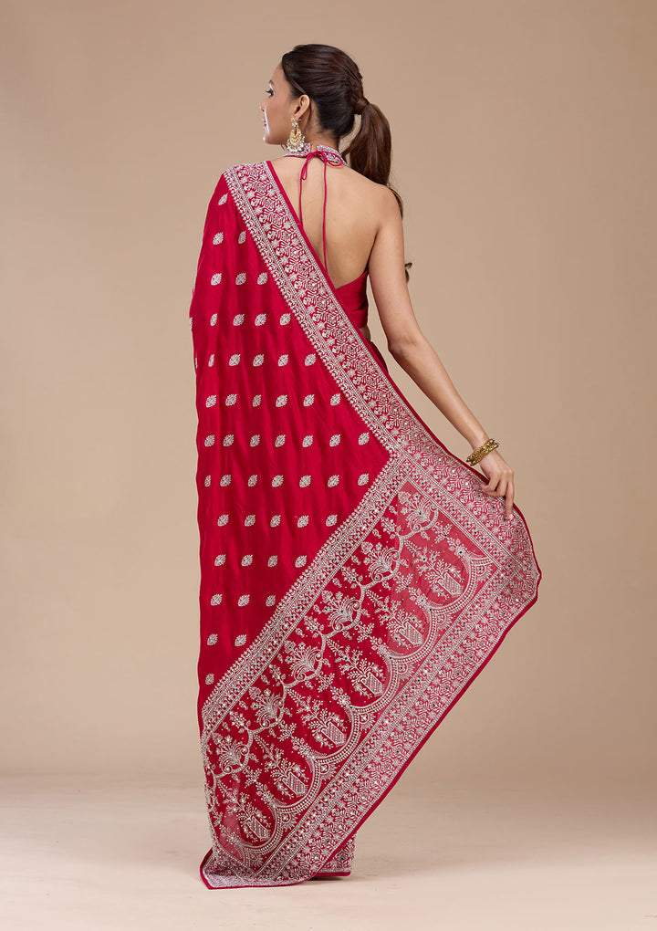 Rani Pink Soft Raw Silk Silver Zariwork Saree With Matching Blouse Piece