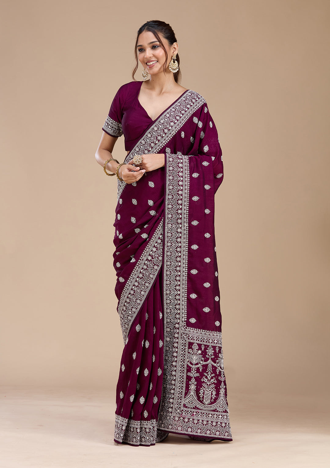 Wine Soft Raw Silk Silver Zariwork Saree With Matching Blouse Piece