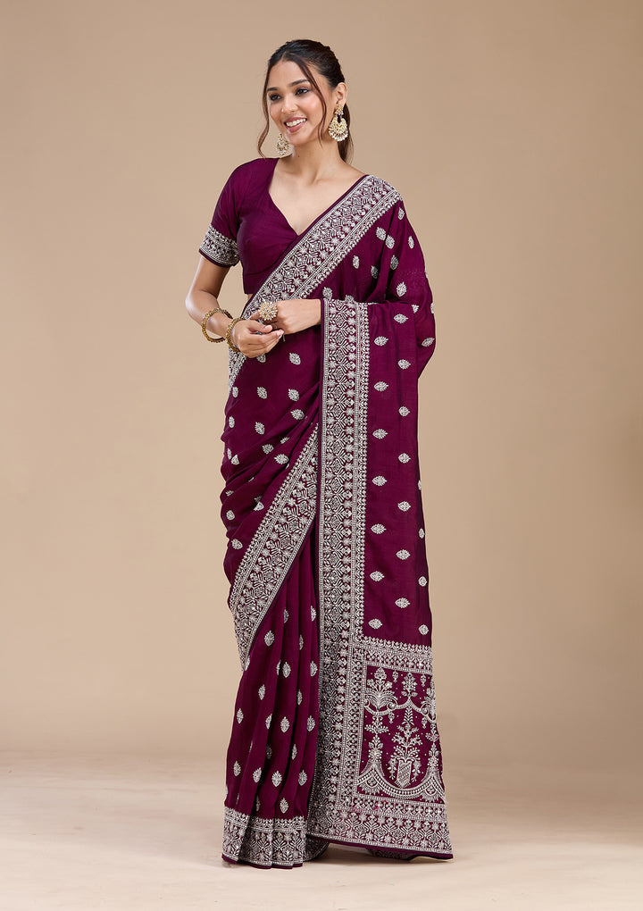 Wine Soft Raw Silk Silver Zariwork Saree With Matching Blouse Piece