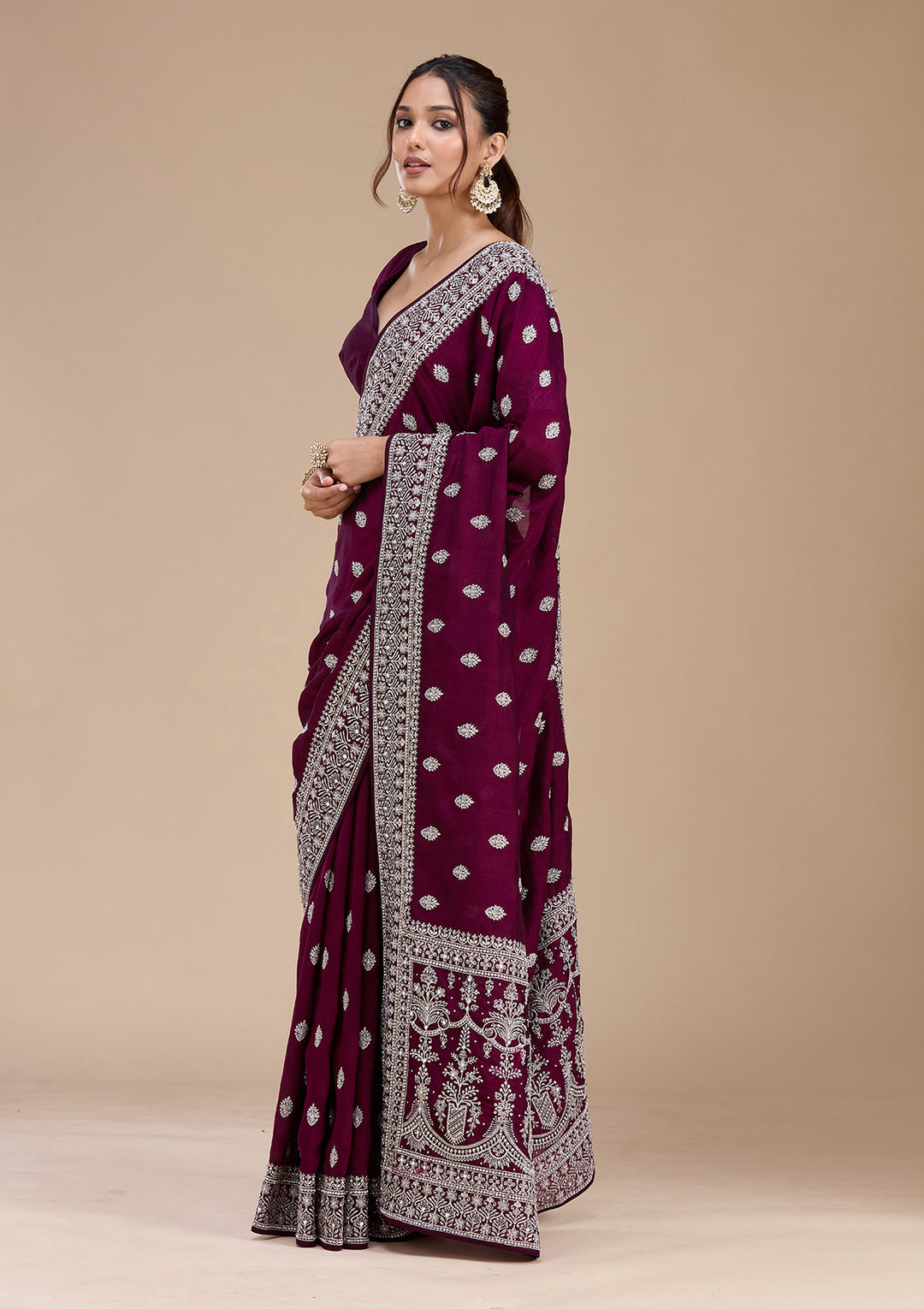 Wine Soft Raw Silk Silver Zariwork Saree With Matching Blouse Piece