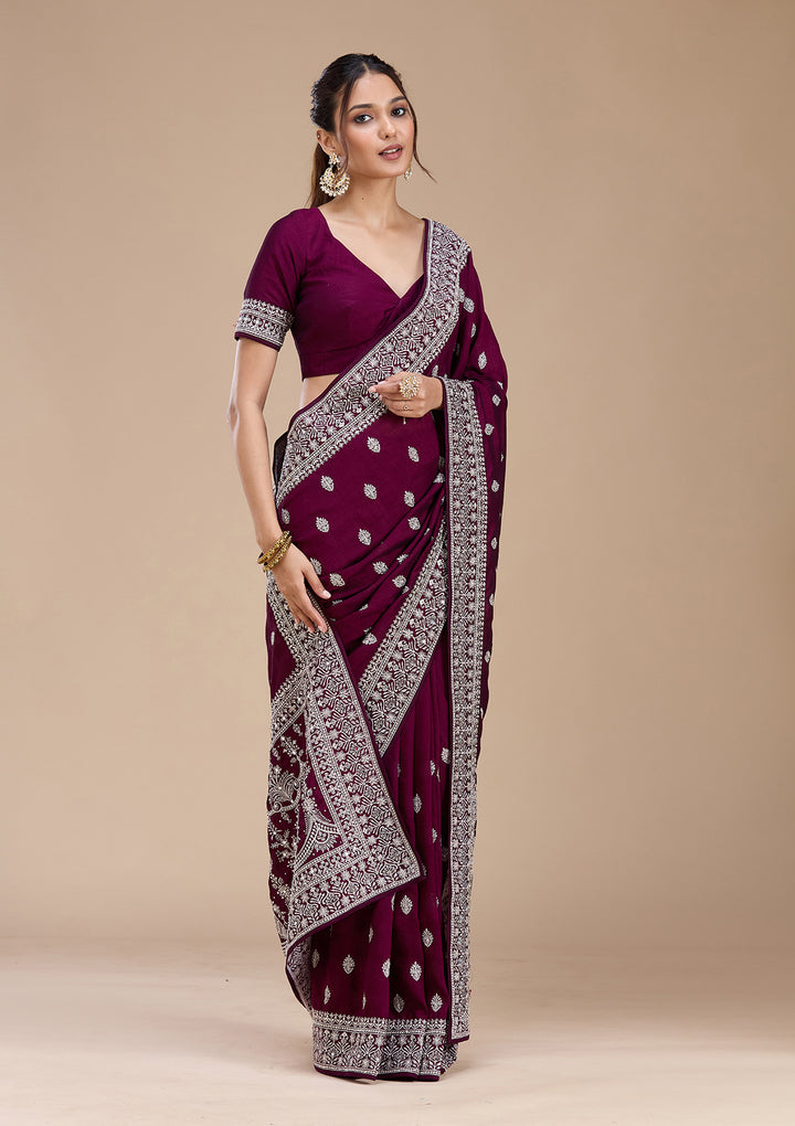 Wine Soft Raw Silk Silver Zariwork Saree With Matching Blouse Piece