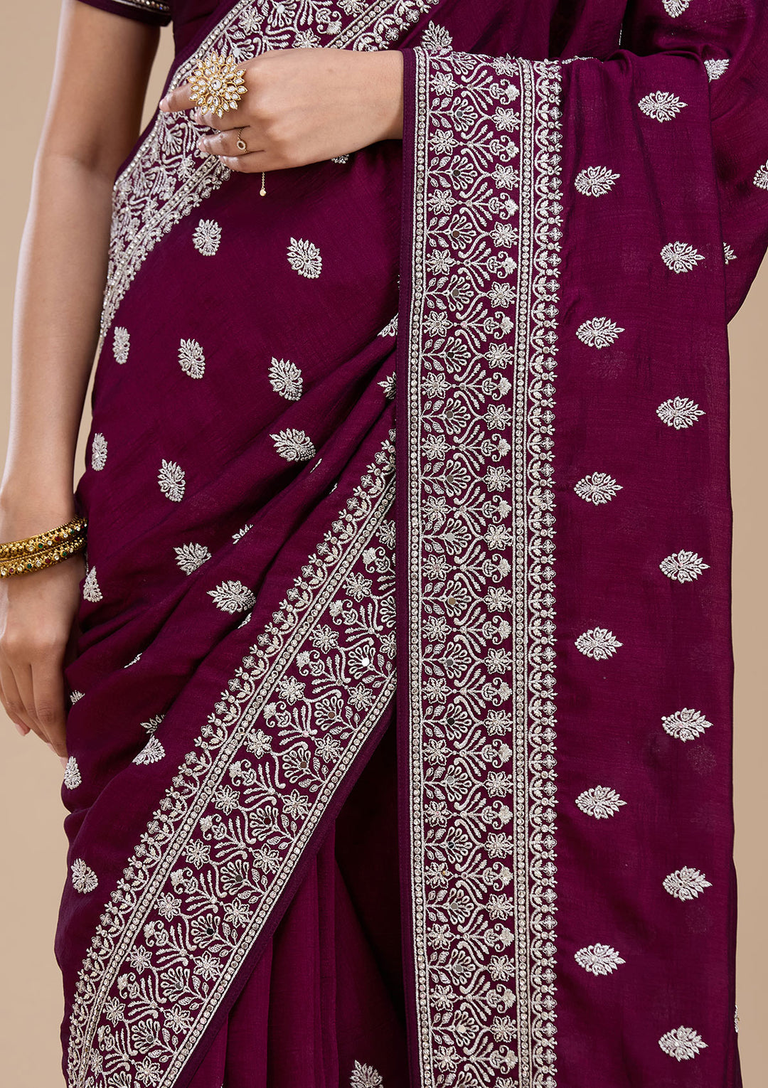 Wine Soft Raw Silk Silver Zariwork Saree With Matching Blouse Piece