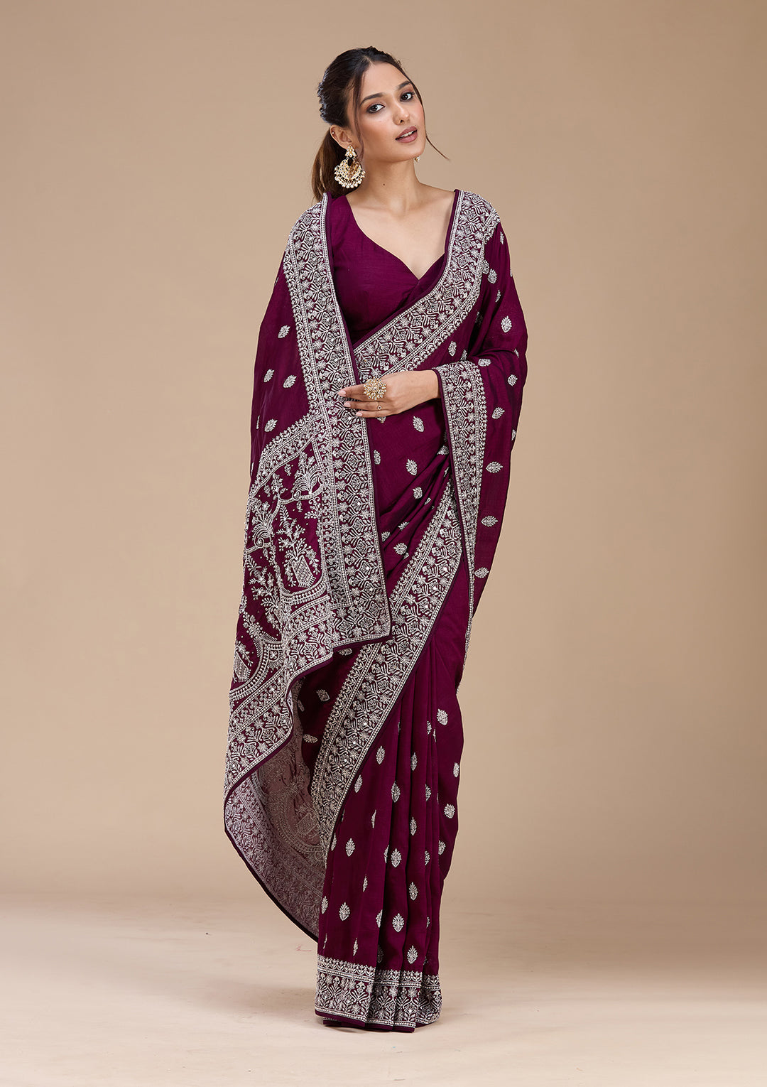 Wine Soft Raw Silk Silver Zariwork Saree With Matching Blouse Piece
