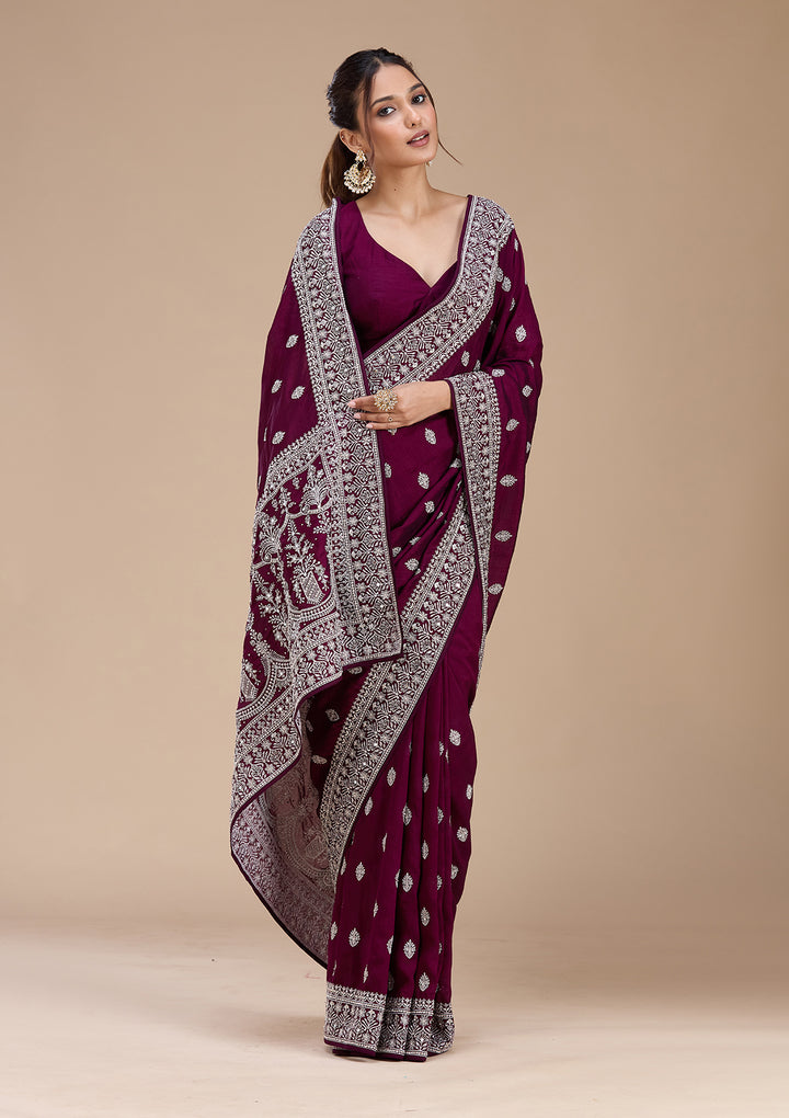 Wine Soft Raw Silk Silver Zariwork Saree With Matching Blouse Piece