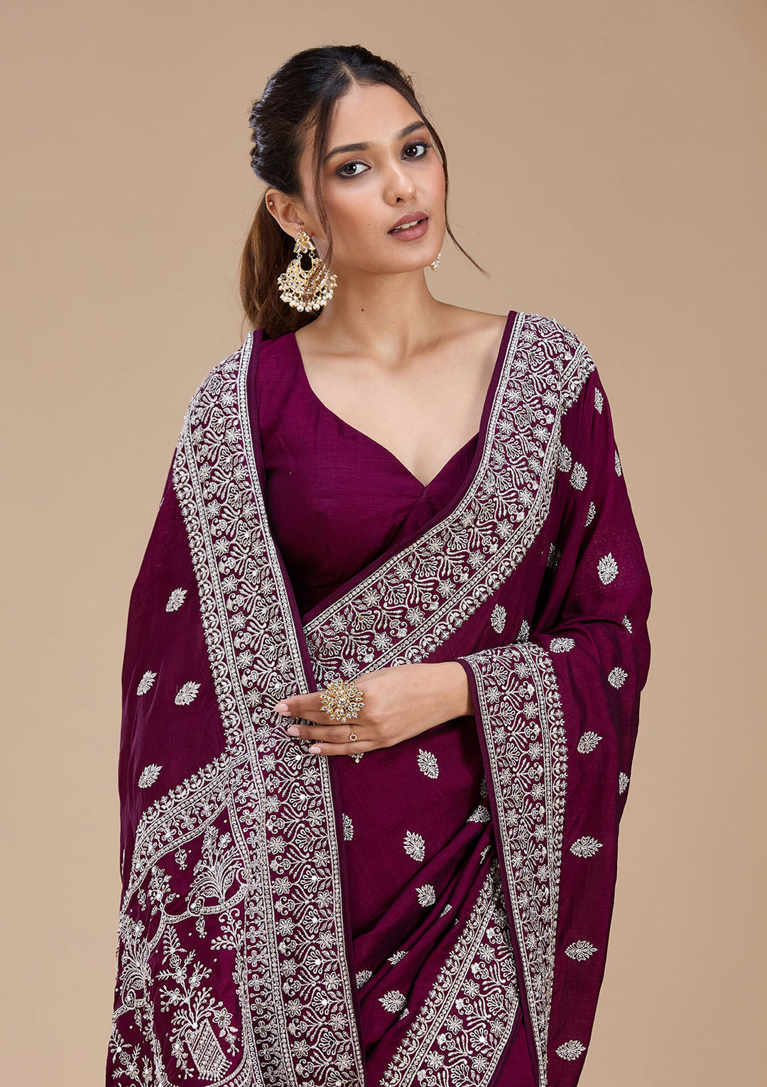 Wine Soft Raw Silk Silver Zariwork Saree With Matching Blouse Piece