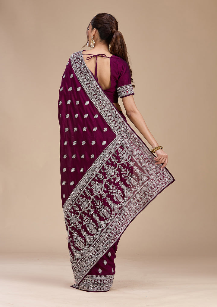 Wine Soft Raw Silk Silver Zariwork Saree With Matching Blouse Piece