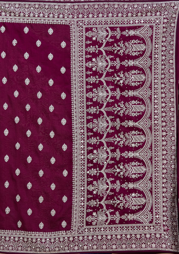 Wine Soft Raw Silk Silver Zariwork Saree With Matching Blouse Piece