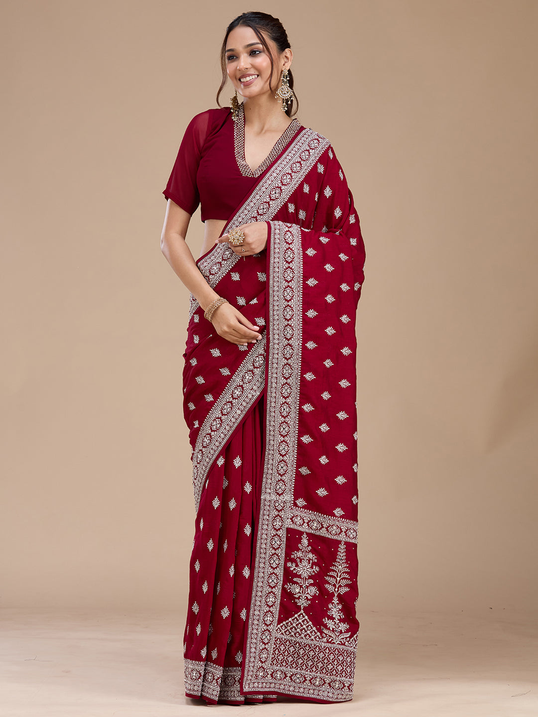 Maroon Soft Raw Silk Silver Zariwork Saree With Matching Blouse Piece