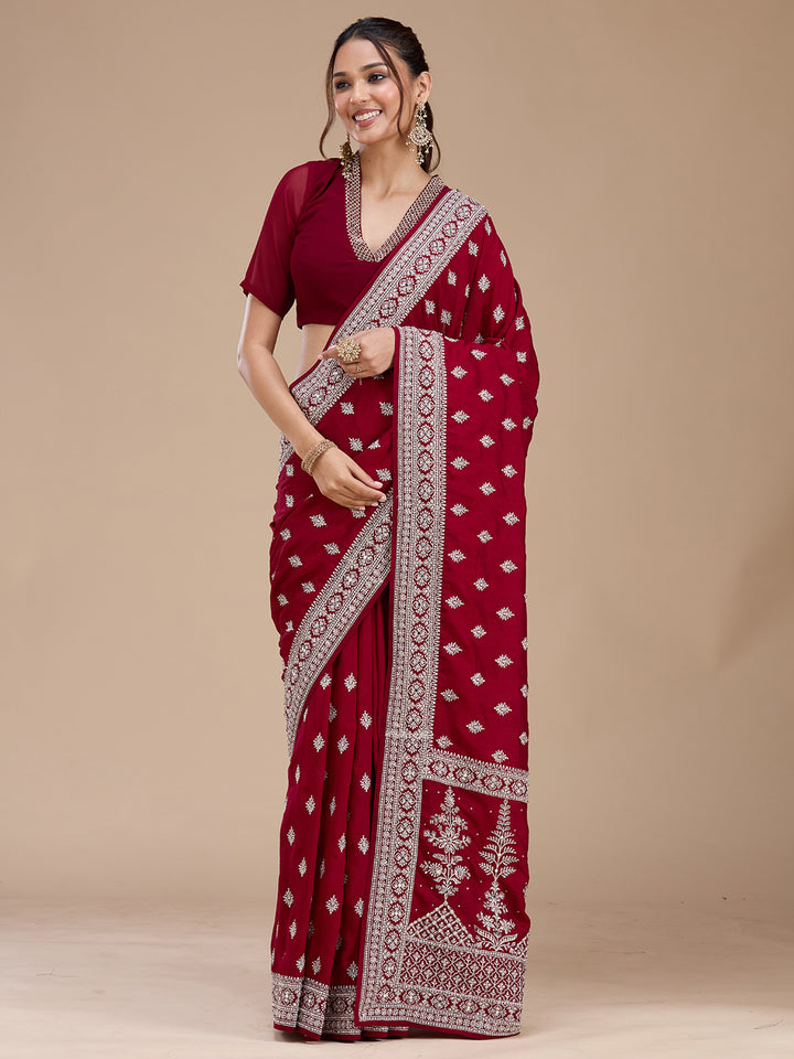 Maroon Soft Raw Silk Silver Zariwork Saree With Matching Blouse Piece