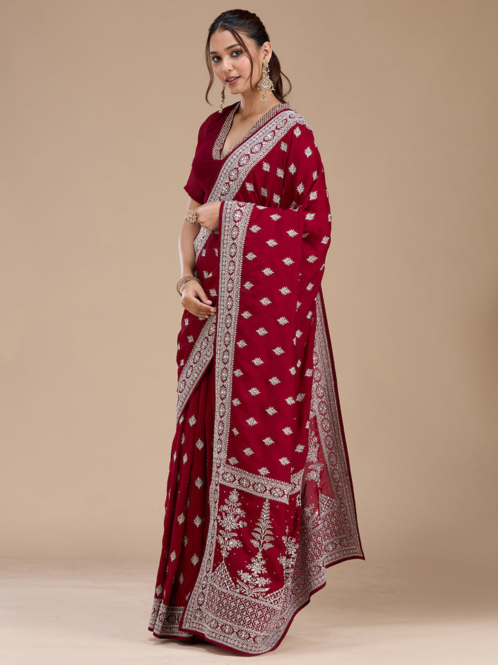 Maroon Soft Raw Silk Silver Zariwork Saree With Matching Blouse Piece