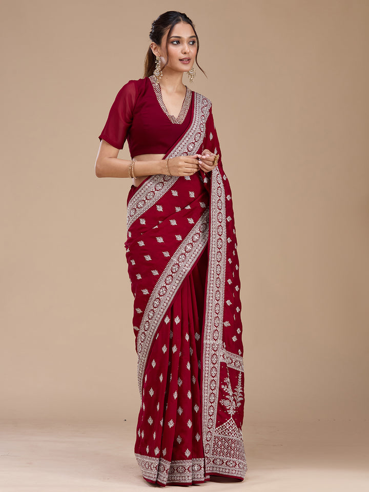 Maroon Soft Raw Silk Silver Zariwork Saree With Matching Blouse Piece