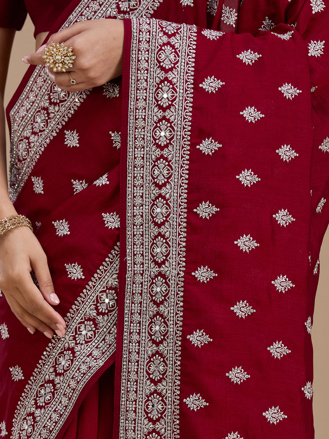 Maroon Soft Raw Silk Silver Zariwork Saree With Matching Blouse Piece