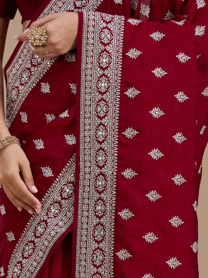 Maroon Soft Raw Silk Silver Zariwork Saree With Matching Blouse Piece