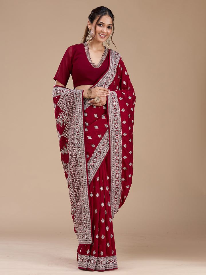 Maroon Soft Raw Silk Silver Zariwork Saree With Matching Blouse Piece