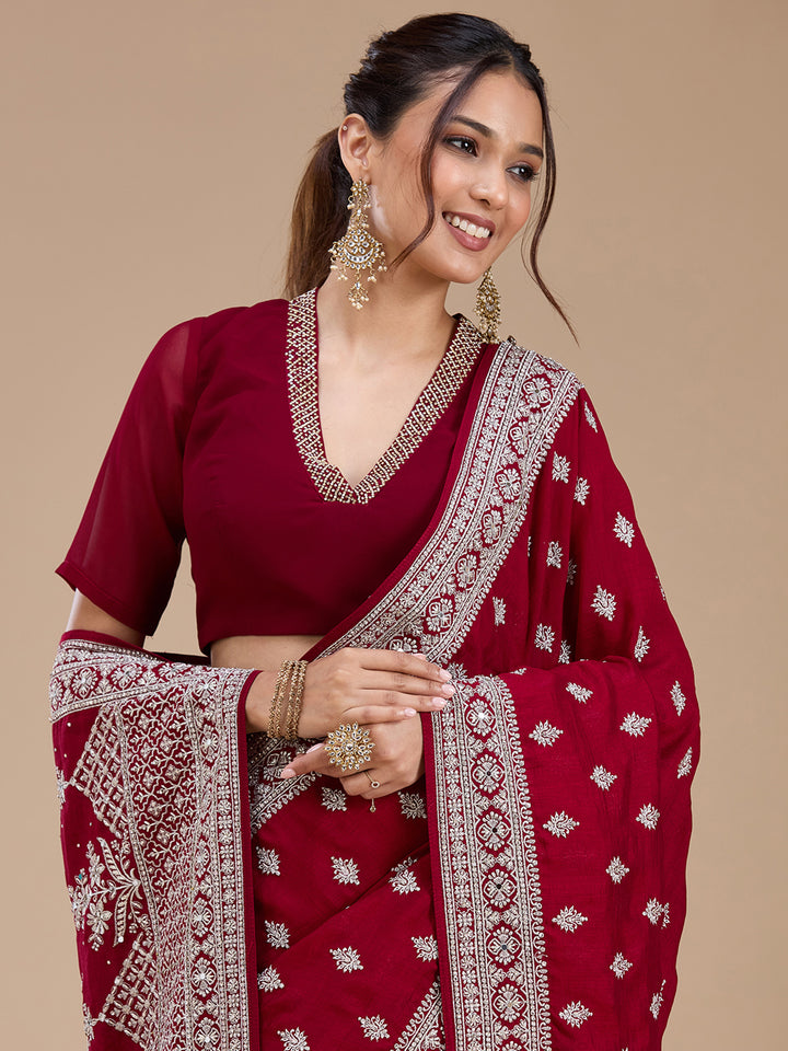 Maroon Soft Raw Silk Silver Zariwork Saree With Matching Blouse Piece
