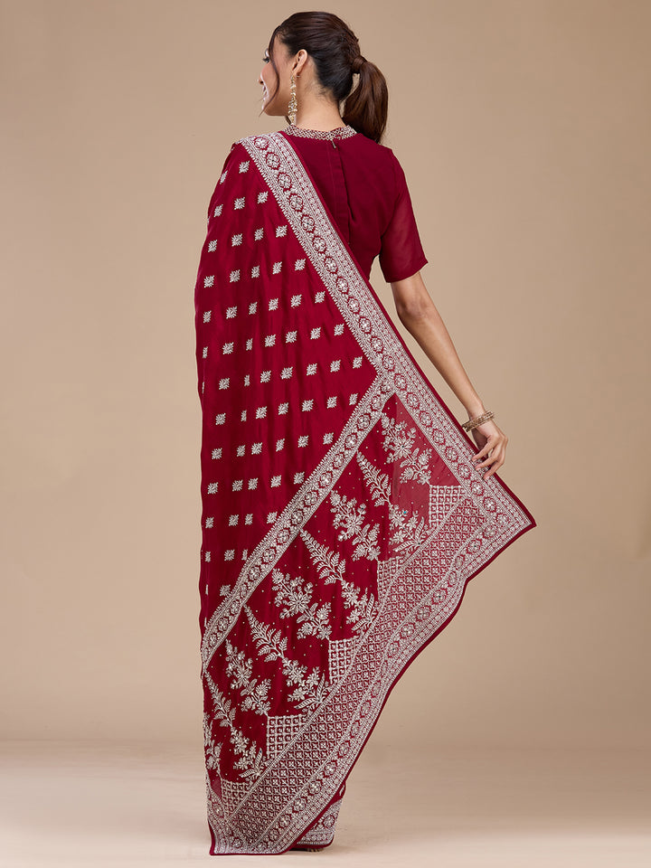 Maroon Soft Raw Silk Silver Zariwork Saree With Matching Blouse Piece