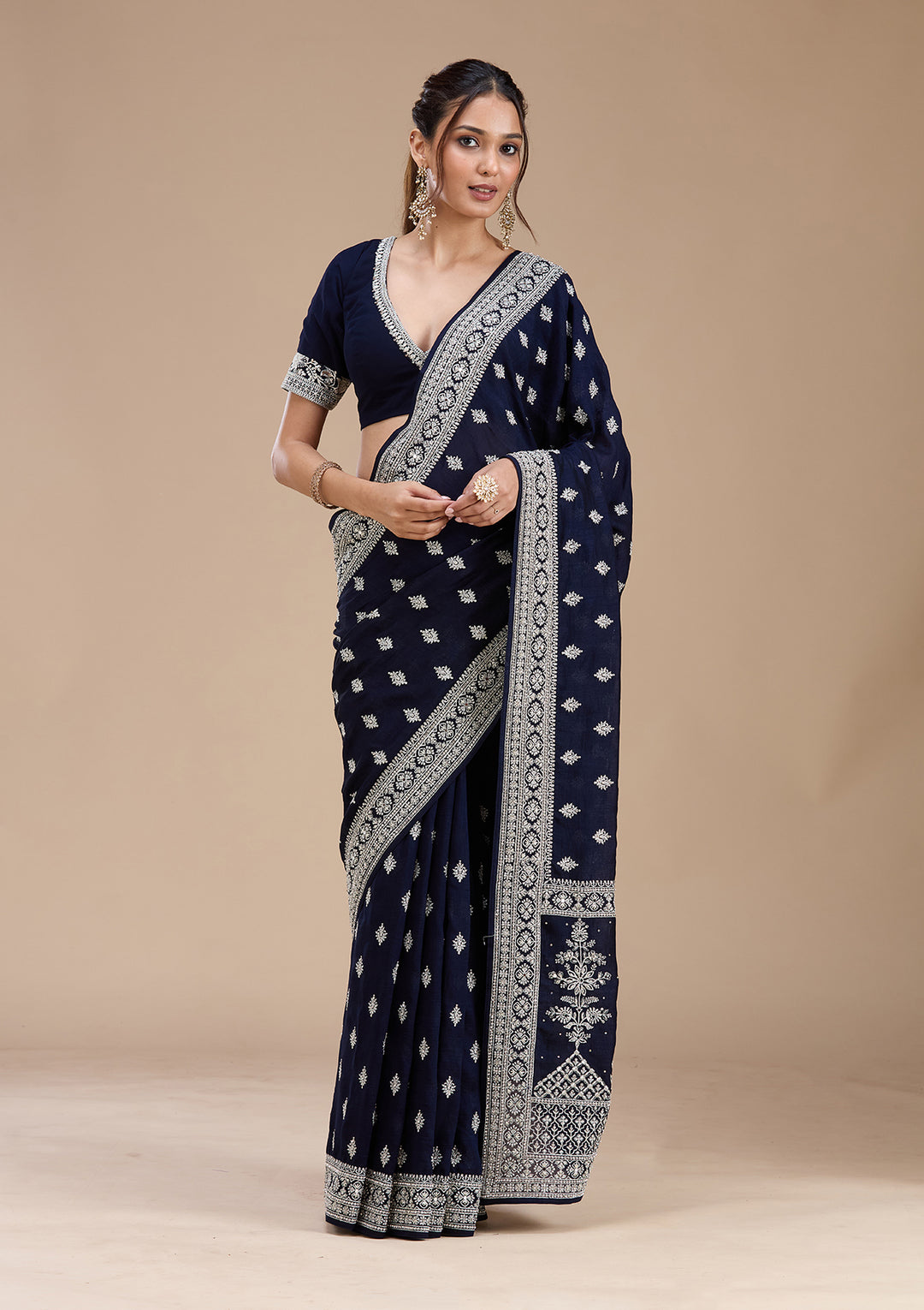 Navy Blue Soft Raw Silk Silver Zariwork Saree With Matching Blouse Piece