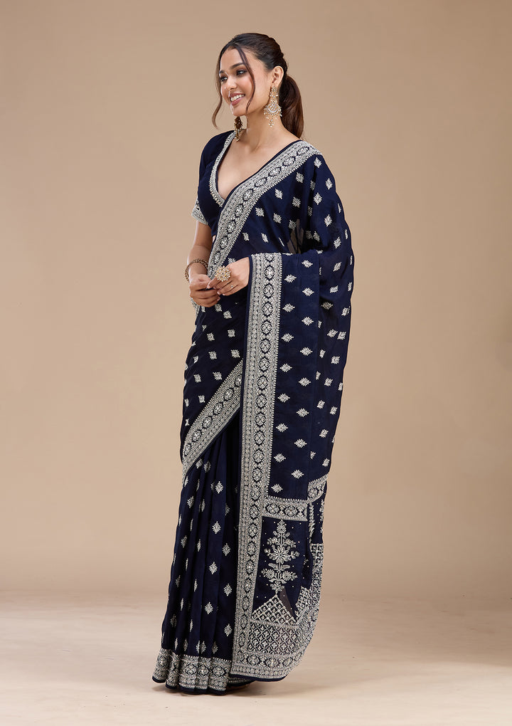 Navy Blue Soft Raw Silk Silver Zariwork Saree With Matching Blouse Piece