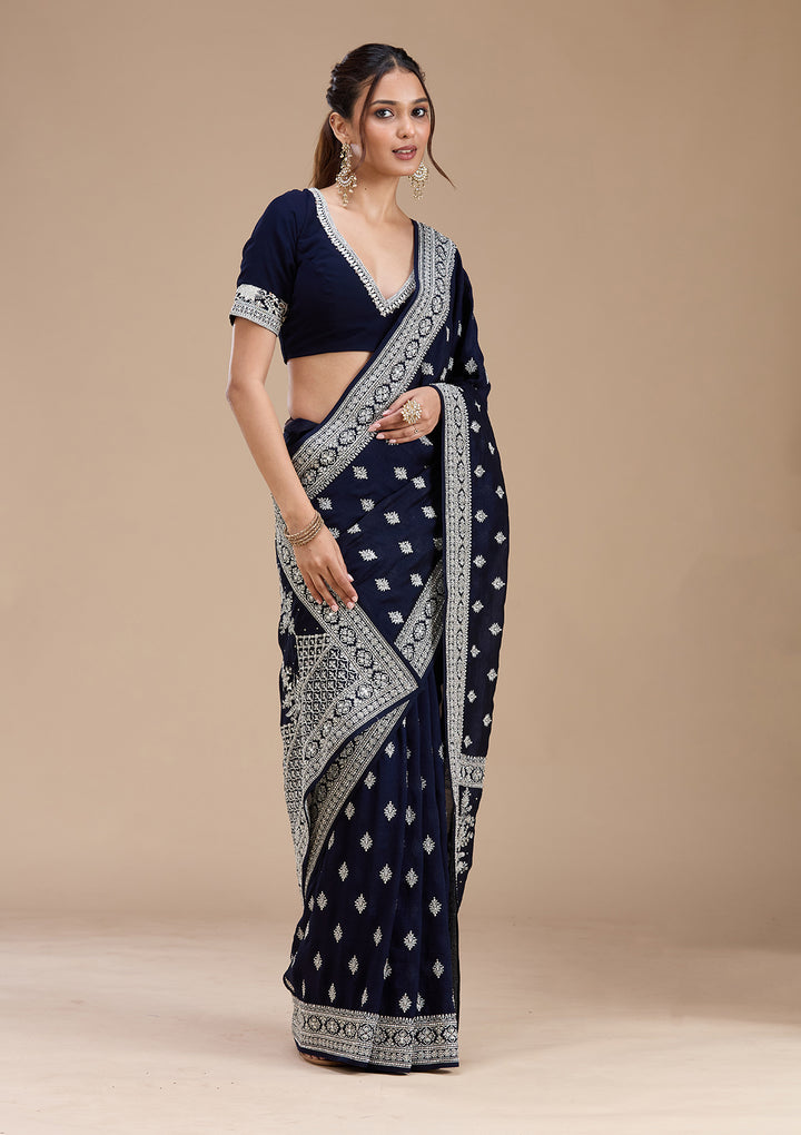 Navy Blue Soft Raw Silk Silver Zariwork Saree With Matching Blouse Piece