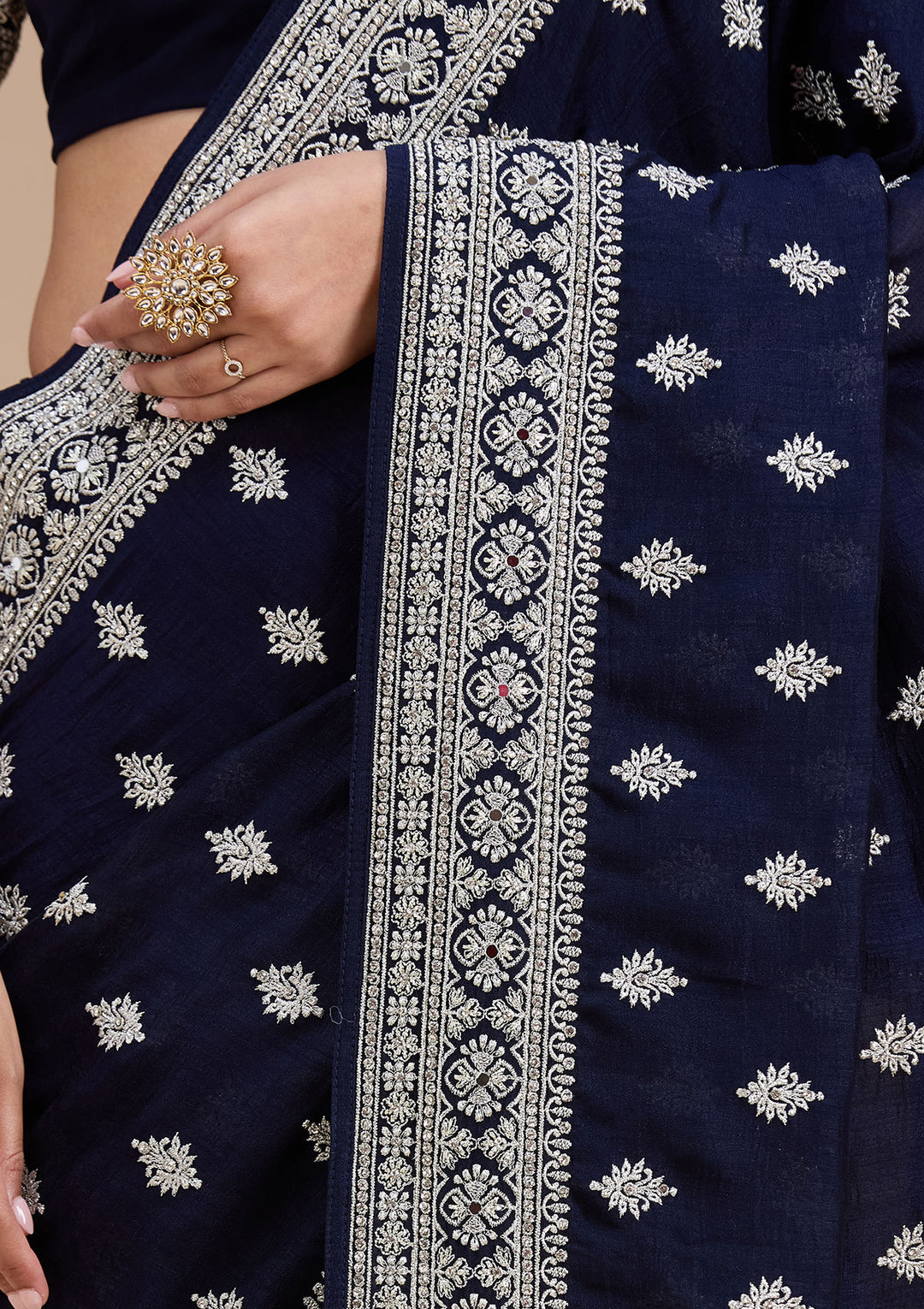 Navy Blue Soft Raw Silk Silver Zariwork Saree With Matching Blouse Piece