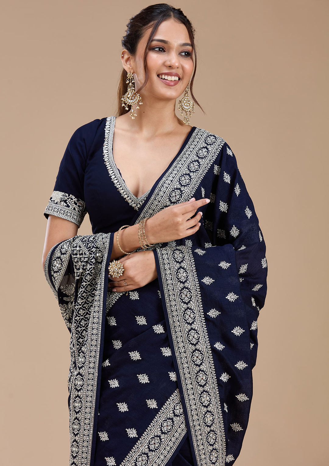 Navy Blue Soft Raw Silk Silver Zariwork Saree With Matching Blouse Piece