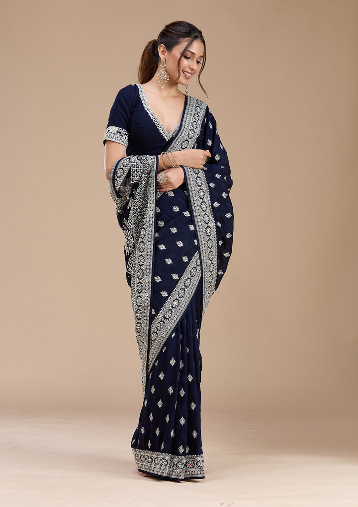 Navy Blue Soft Raw Silk Silver Zariwork Saree With Matching Blouse Piece
