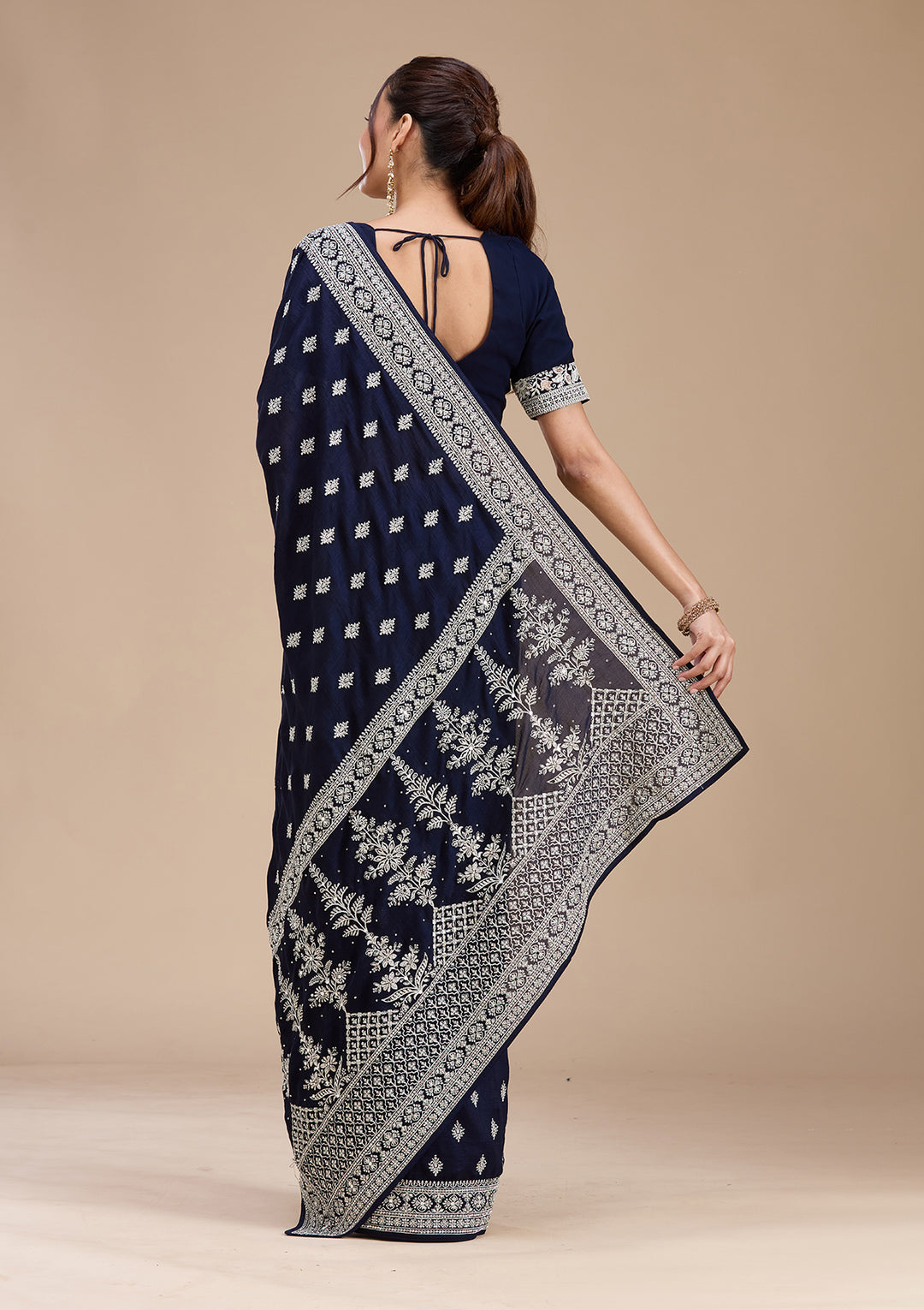 Navy Blue Soft Raw Silk Silver Zariwork Saree With Matching Blouse Piece