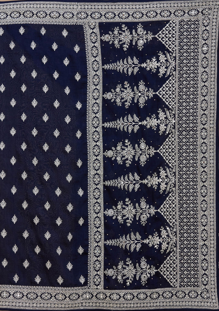 Navy Blue Soft Raw Silk Silver Zariwork Saree With Matching Blouse Piece