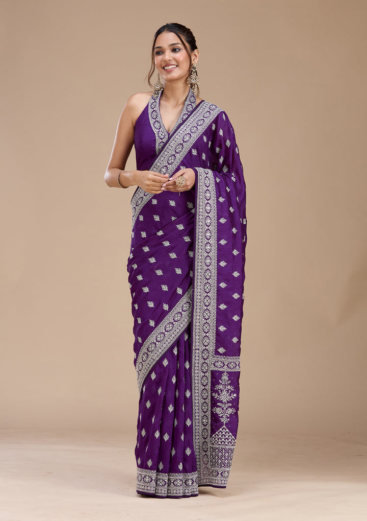 Purple Soft Raw Silk Silver Zariwork Saree With Matching Blouse Piece