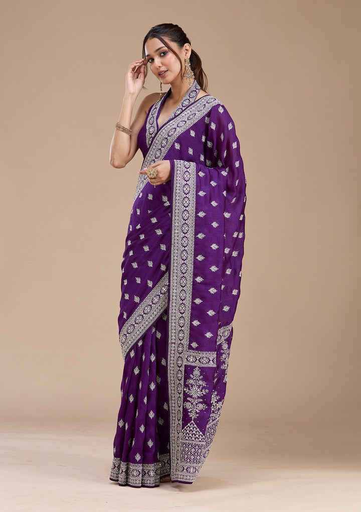 Purple Soft Raw Silk Silver Zariwork Saree With Matching Blouse Piece
