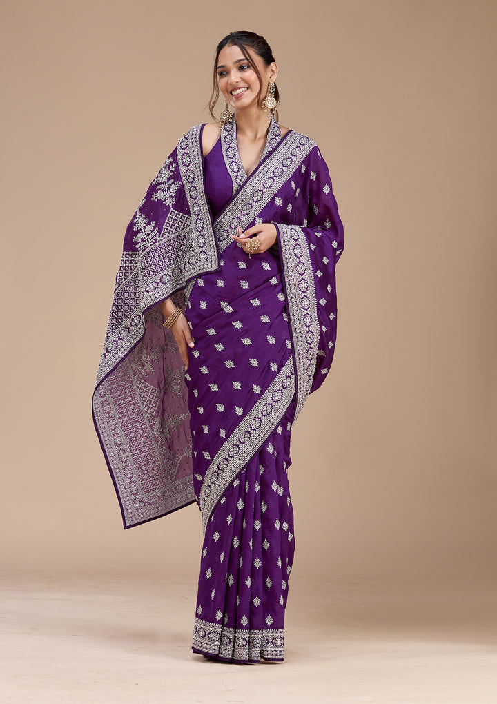 Purple Soft Raw Silk Silver Zariwork Saree With Matching Blouse Piece