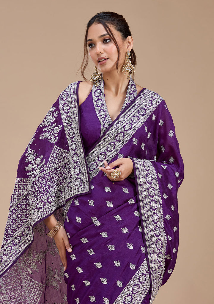 Purple Soft Raw Silk Silver Zariwork Saree With Matching Blouse Piece