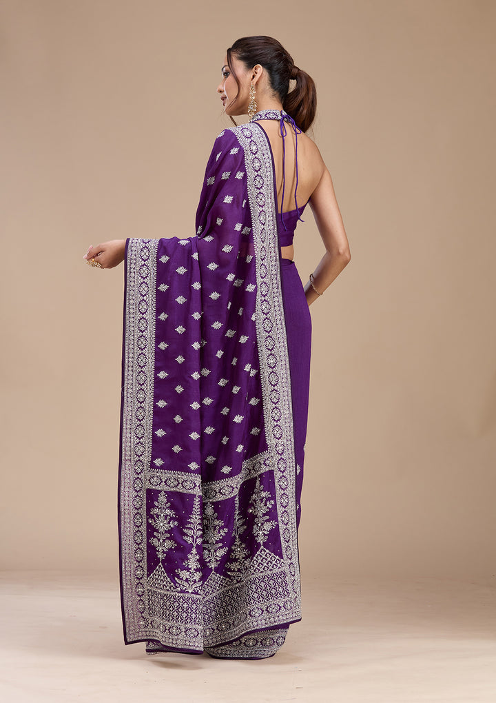 Purple Soft Raw Silk Silver Zariwork Saree With Matching Blouse Piece