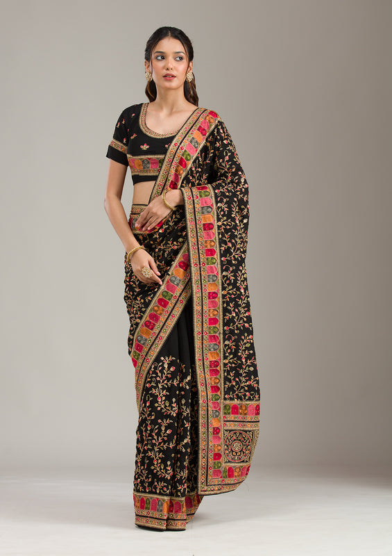 Black Threadwork Soft Raw Silk Saree