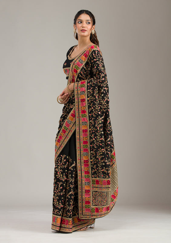 Black Threadwork Soft Raw Silk Saree