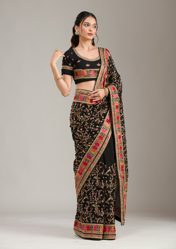 Black Threadwork Soft Raw Silk Saree
