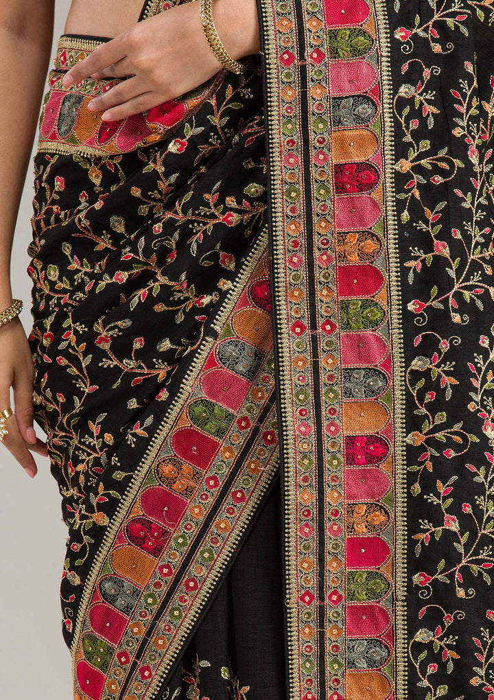 Black Georgette Gold Zariwork Saree With Matching Blouse Piece
